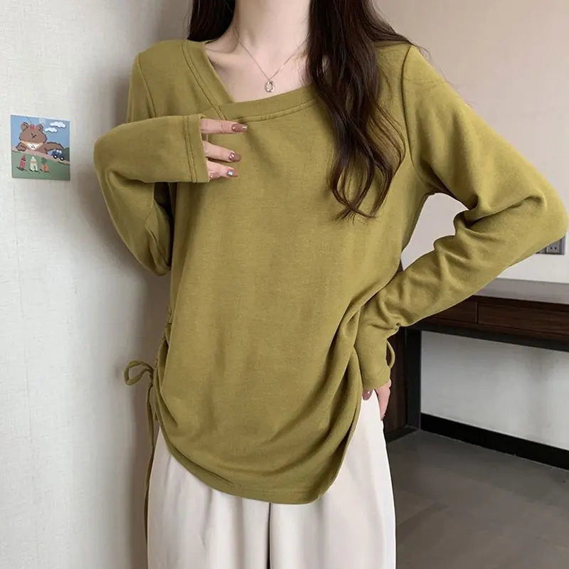 Stylish Skew Collar Loose Pullovers Women's Clothing Shirring Drawstring Spring Autumn Solid Color Casual Long Sleeve T-shirt