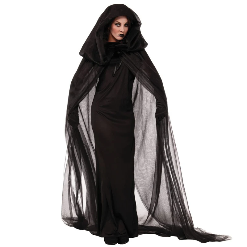 Carnival Halloween Lady Wicked Witch Costume Classic Long Crape Hooded Cape Forsaken Souls Roleplay Cosplay Fancy Party Dress