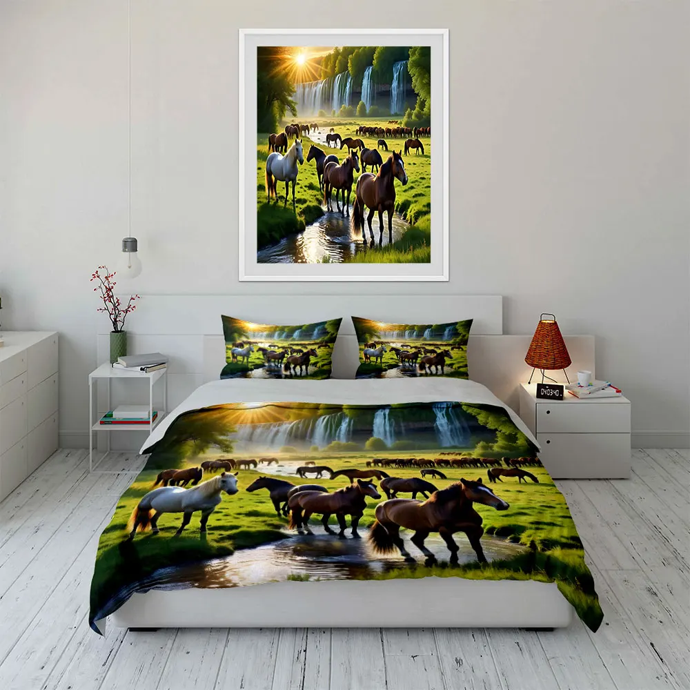 

"Horse Themed Nature Decor Set" Multiple sizes kid's and adults' bedroom Exquisite 3PC bedding set, gift