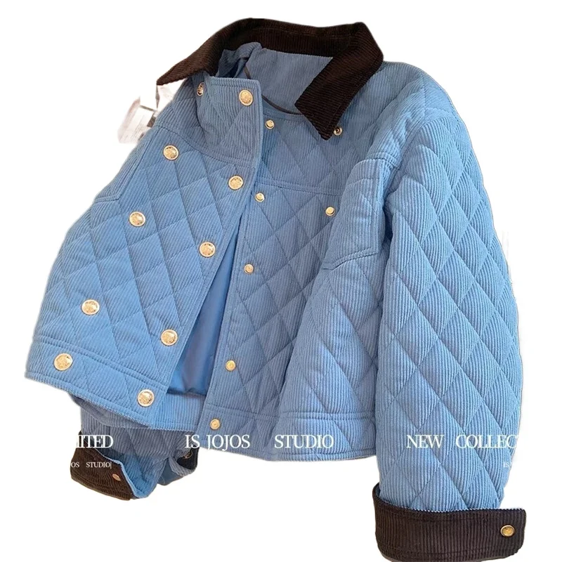 

Blue Corduroy Stitching Rhombic Cotton-Padded Jackets Coat Women's Winter Thick Warm Fashion Double-Breasted Down Cotton Jacket