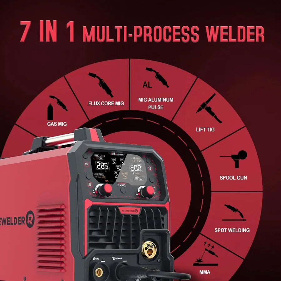 آلة لحام متعددة المعالجات مع الألومنيوم MIG لحام نبض 200A 7in1 وظيفة للغاز MIG Pulse MIG Gasless Flux Core Sti