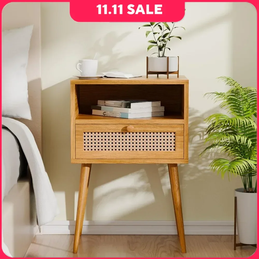 

Rattan Bedside Table, Small Coffee Table in Bedroom and Living Room with Long Solid Wood Leg Drawers and Open Shelves, Brown