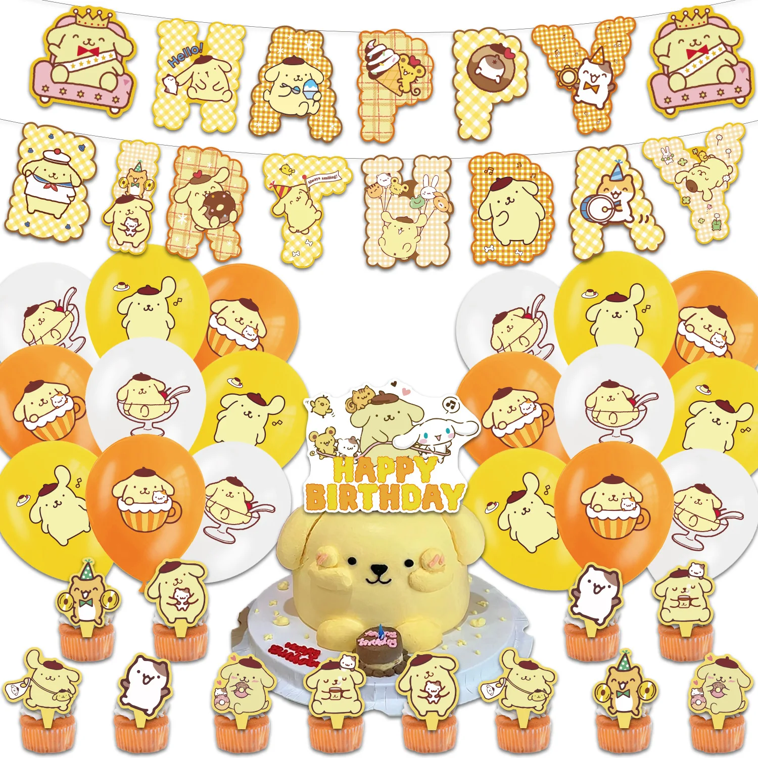 【セール中】誕生日パーティー用の使い捨てポムプリン食器,バナー,ケーキ,風船の装飾,サンリオシリーズ