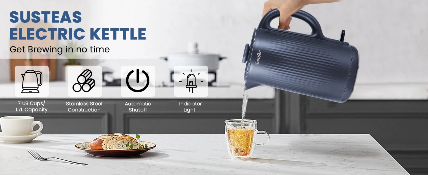 304 Stainless Steel Electric Kettle Household Double Wall Design 1.7L 1500W Cordless Frosted Housing