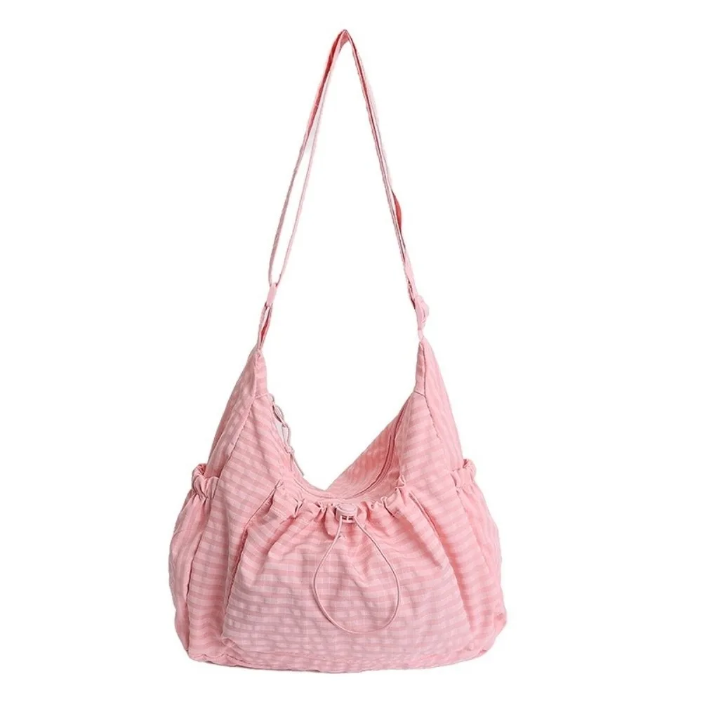 Casual Striped Shoulder Bag Zipper Closure Drawstring Design Nylon Crossbody Bag Plaid Pattern Large Capacity Tote Bag Women
