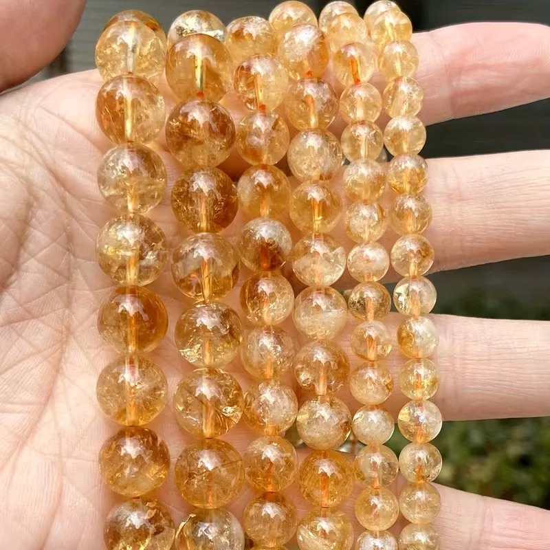 Natural Citrine Crystal Stone Beads For Jewelry Making Round Gemstone DIY Beads For Bracelet Necklace 15'' Puncture Beads