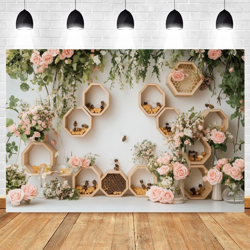 かわいい蜂のハニカム写真背景幕花子供赤ちゃん誕生日ビニールポリエステル子供パーティーポートレート装飾写真撮影の背景