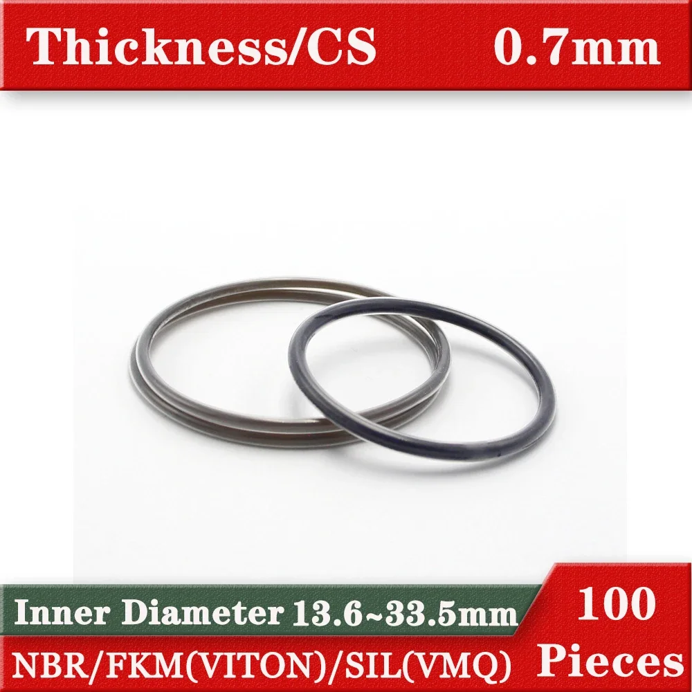 100 Pieces Ring Gasket CS 0.7mm selectable size ID 13.6-33.5mm Material NBR VMQ/SIL FKM/VITON  O type Gasket Rubber silicon ring