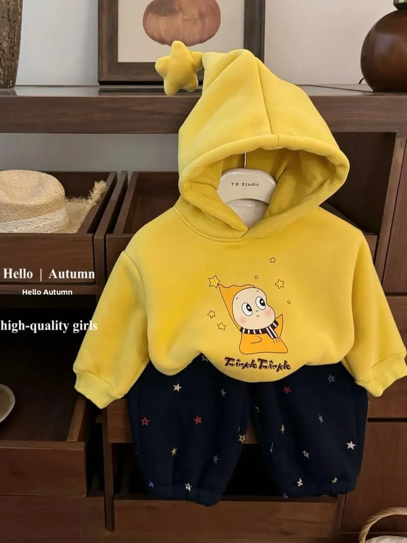 

Осенне-зимний комплект из двух предметов с капюшоном и брюками на подкладке для девочек, повседневный корейский детский ансамбль со звездным принтом