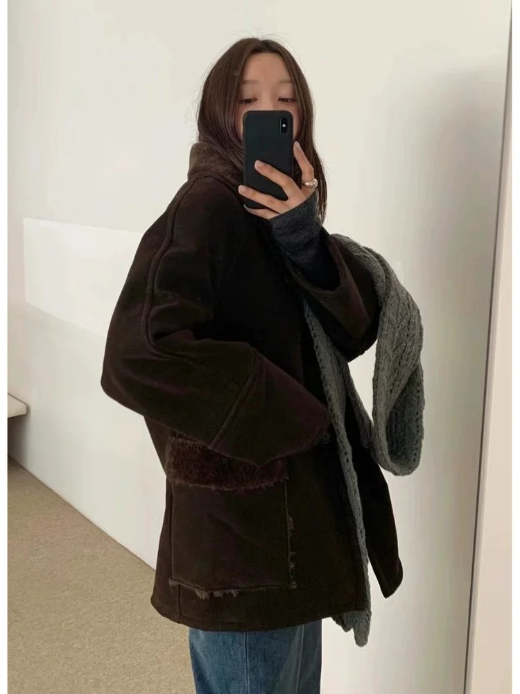 معطف نسائي من جلد الغنم PU فضفاض مناسب عتيق معطف دافئ طويل بأزرار إغلاق متوسطة الطول #4