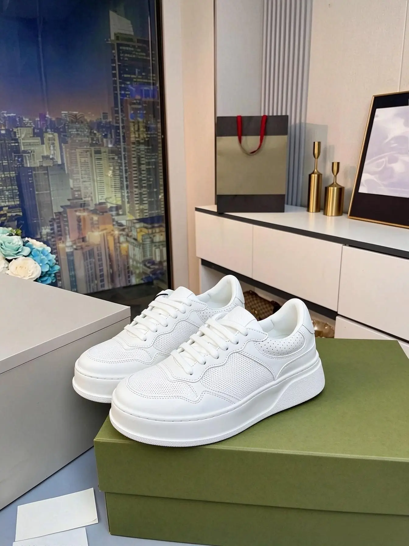 Unisex White Perforated Faux Leather Skate Sneakers, Lace Up Thick Platform Low Top Casual Street Board Shoes