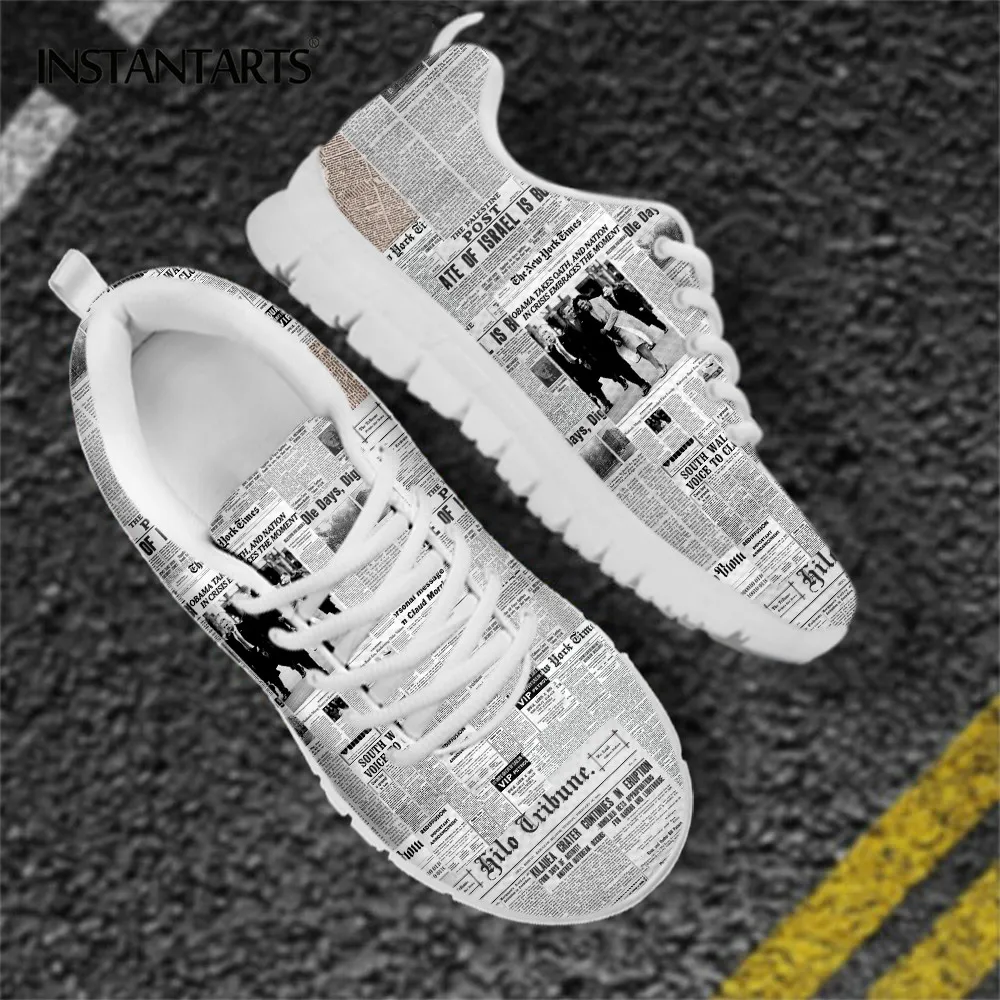 Vintage Newspaper Print Lace up Sneaker Casual Shoes for Women Light Walk Flat Running Jogging Shoe Breathable Mesh Footwear