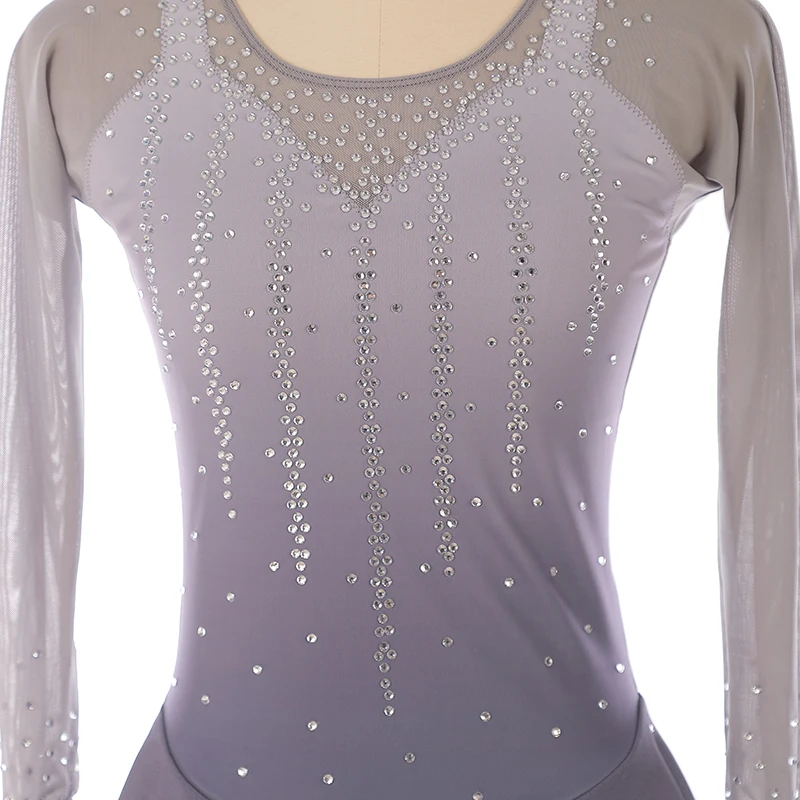 Nasinaya Figure Skating Performance Dress Competition Grading Skirt Grey Gradient Long Sleeve Multi Diamond