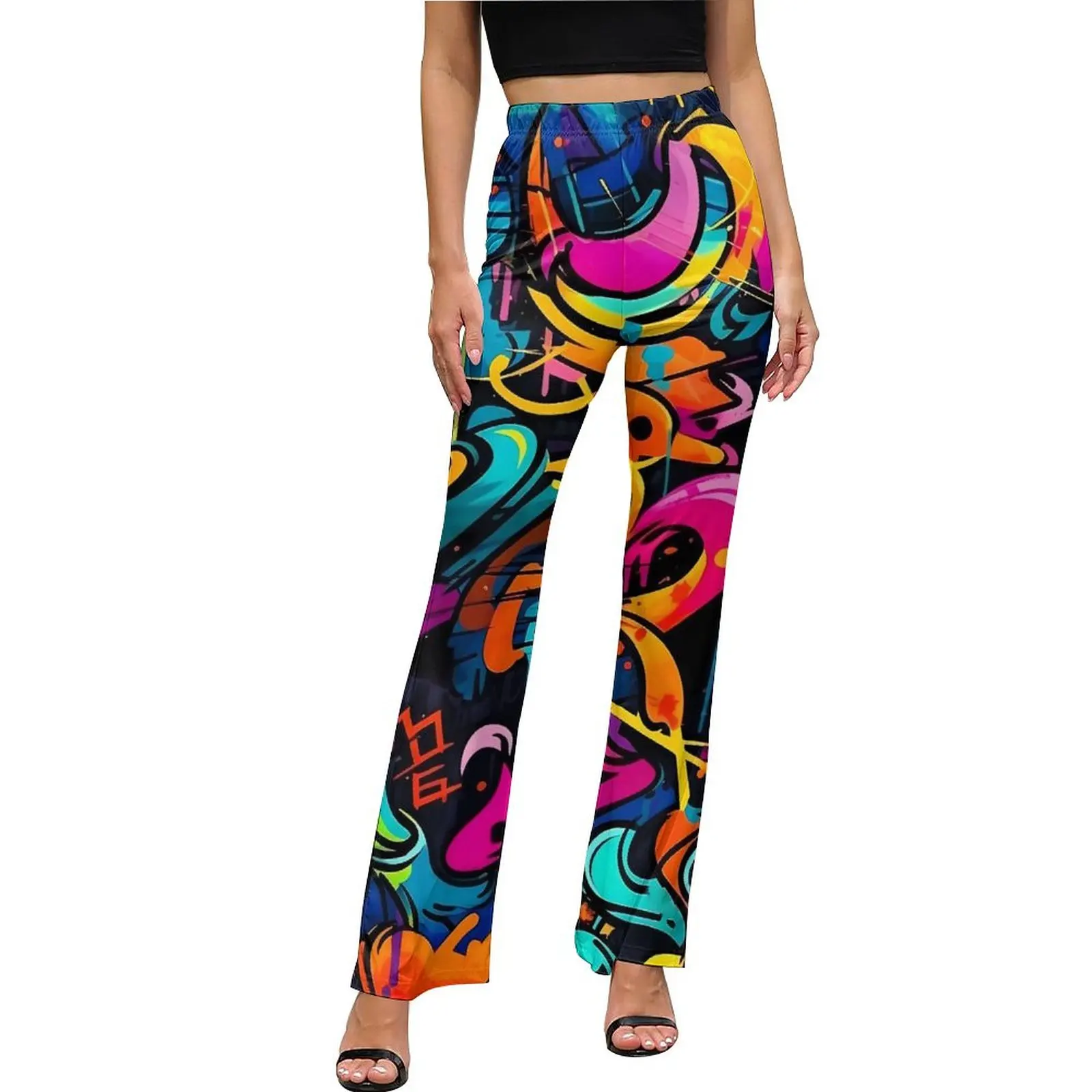 Colorful Graffiti Casual Pants Woman Abstract Art Slim Streetwear Flare Pants Summer Night Club Design Trousers