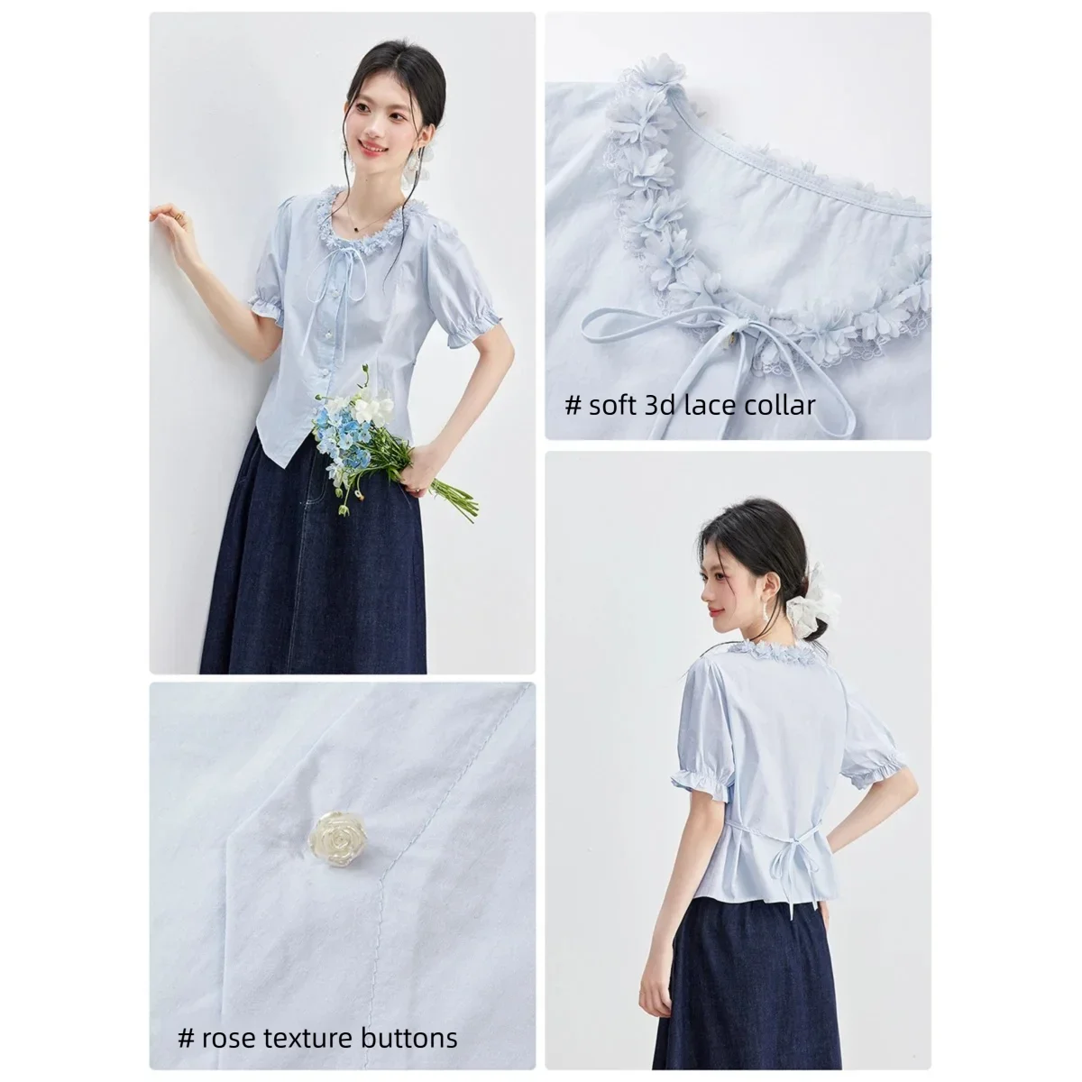 VIMLY Elegant Blue Lace Trim Tie Neck Cotton Shirt Women 2026 Summer New Rose Button Casual Puff Short Sleeve Blouse 31209 view 3