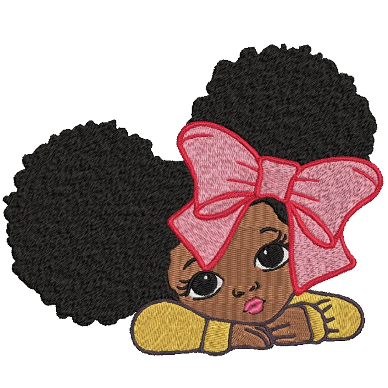 Cute Little Black Peekaboo Girl Embroidered Patches Ironing Sticker DIY Puff Afro Ponytails Hair African American Kids Badge