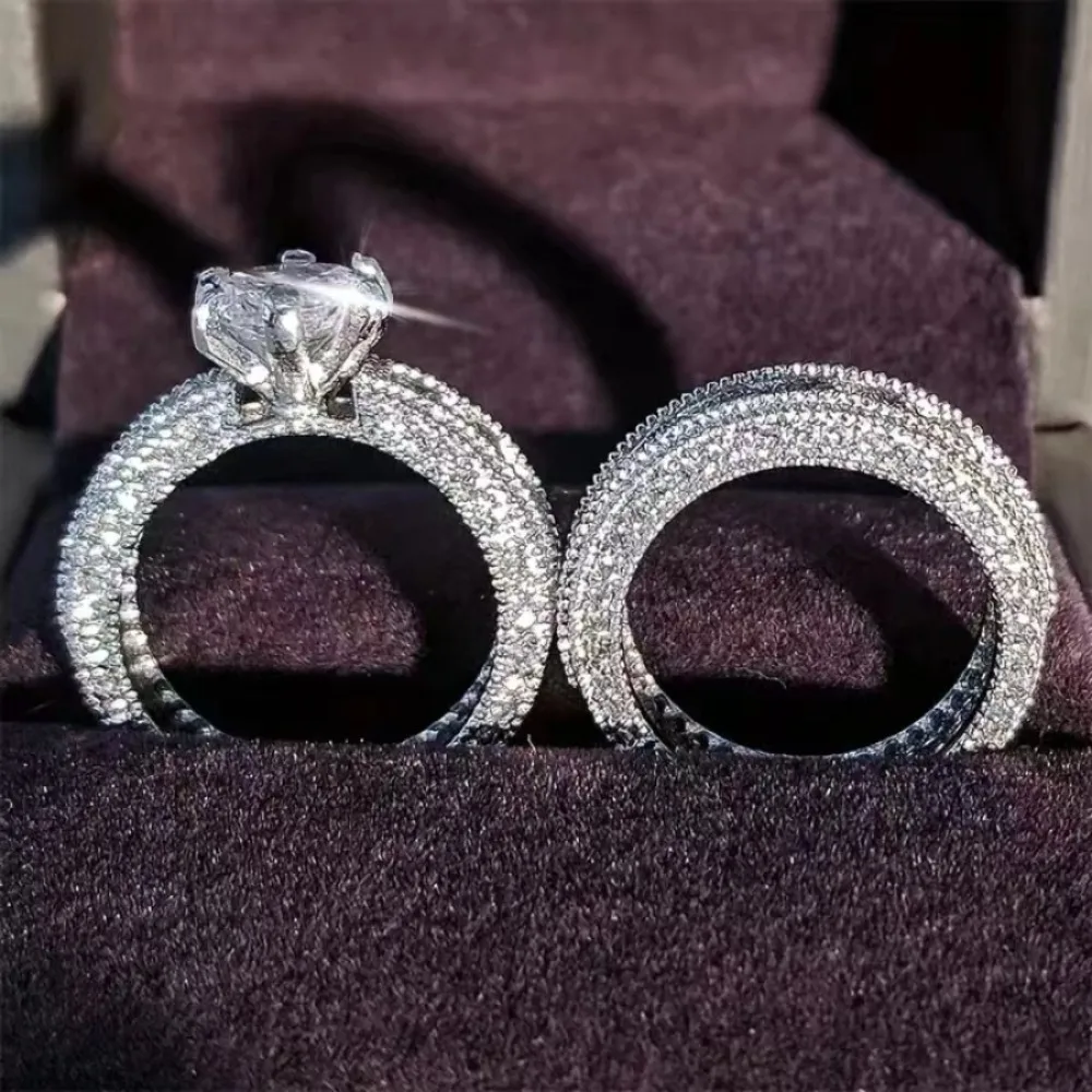 Jewellery Accessories Zircon Wedding Ring Set 2 Piece Set Couple's Engagement Rings Sparkling Silvery Diamond Ring Women