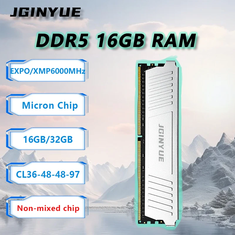 

DDR5 RAM Memory 32GB (16GB*2) JGINYUE 6000MHz EXPO/XMP Micron chip 1.35V CL36 for B650 series motherboard