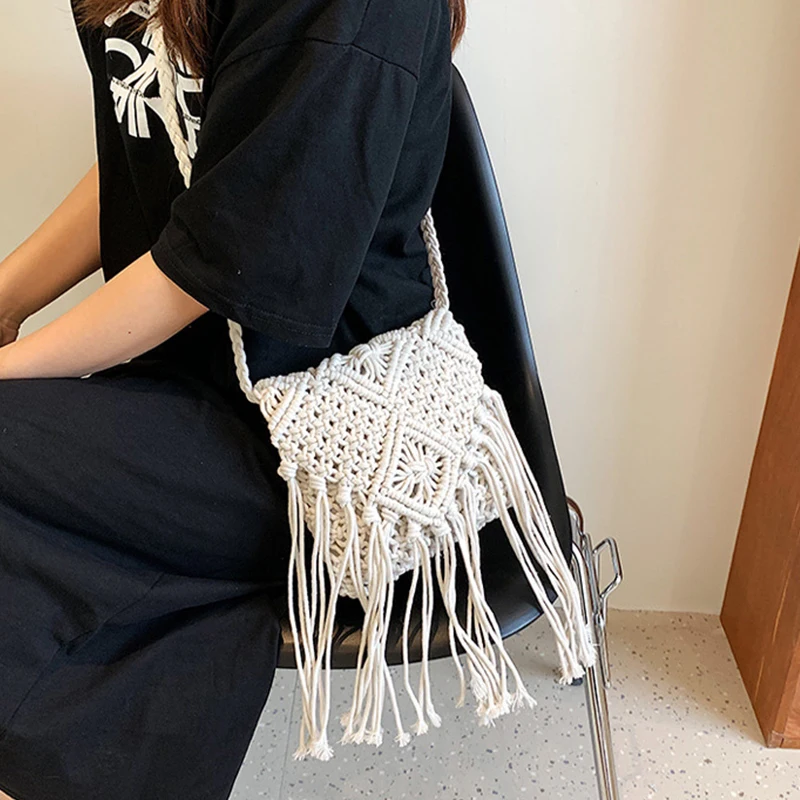 Neue Strohs ack böhmische Quaste Strand tasche Frauen häkeln Fransen Cross body ultraleichte Umhängetasche Frauen kleine Bolsos Feminina – Detail 17