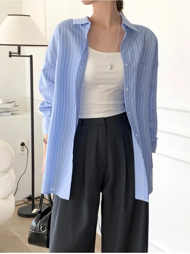 

Chic Blue Striped Women's Shirt Design Back Split Belted Open Cardigan Stylish Casual Fashion Korean Loose Fit Long Sleeve