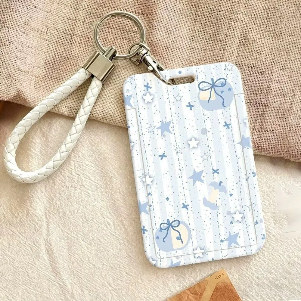 Hard Plastic Card Holder Slide Cover Blue Star Pattern ID Badge Holder with Wrist Lanyard Polka Dots Bus Pass Cover Bus Pass