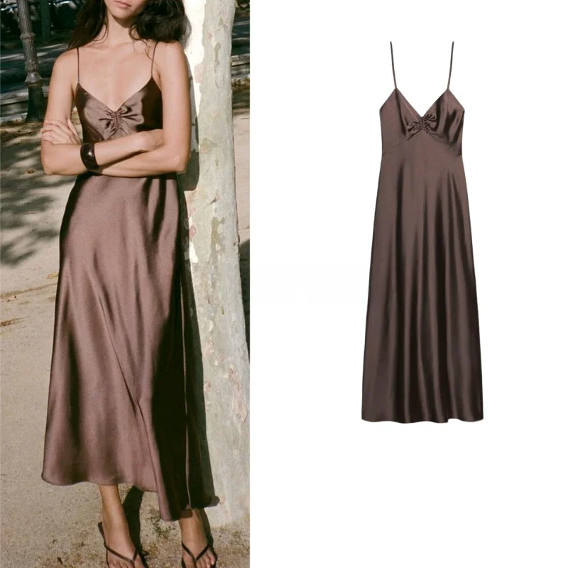 Outono nova chegada feminina scela v-ne midi dr seda cetim textura saia plissada casual sle fibra de poliéster