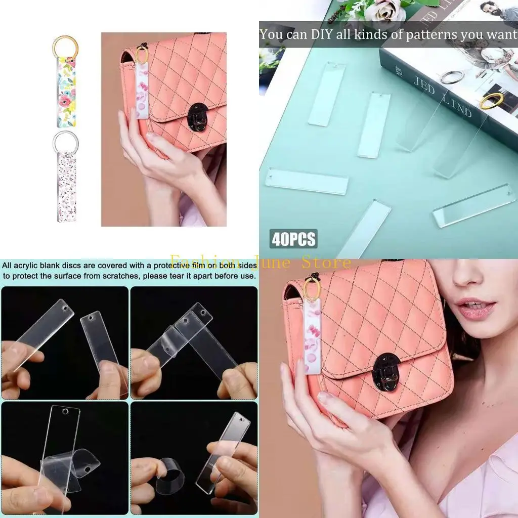 N5KA 40Pieces Blanks Song for Key Chain Acrylic Keychains Blank Acrylic Transparent Rectangle Discs with 30Pieces Metal for K