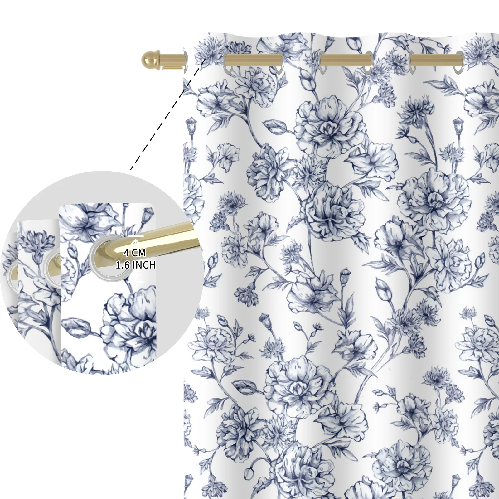 Vintage Blue White Floral Sketch Blackout Curtains 2 Panels, Grommet Thermal Insulated Drapes for Living Room Bedroom Home Decor