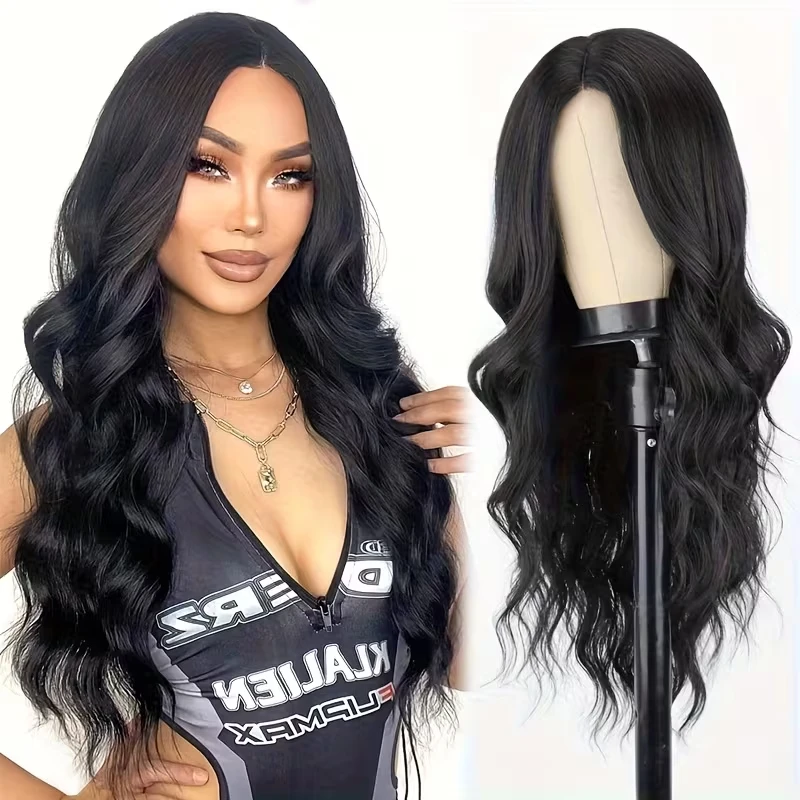 Long curly black synthetic wig for Halloween cosplay, costume hair for daily parties, high-temperature hair accessory