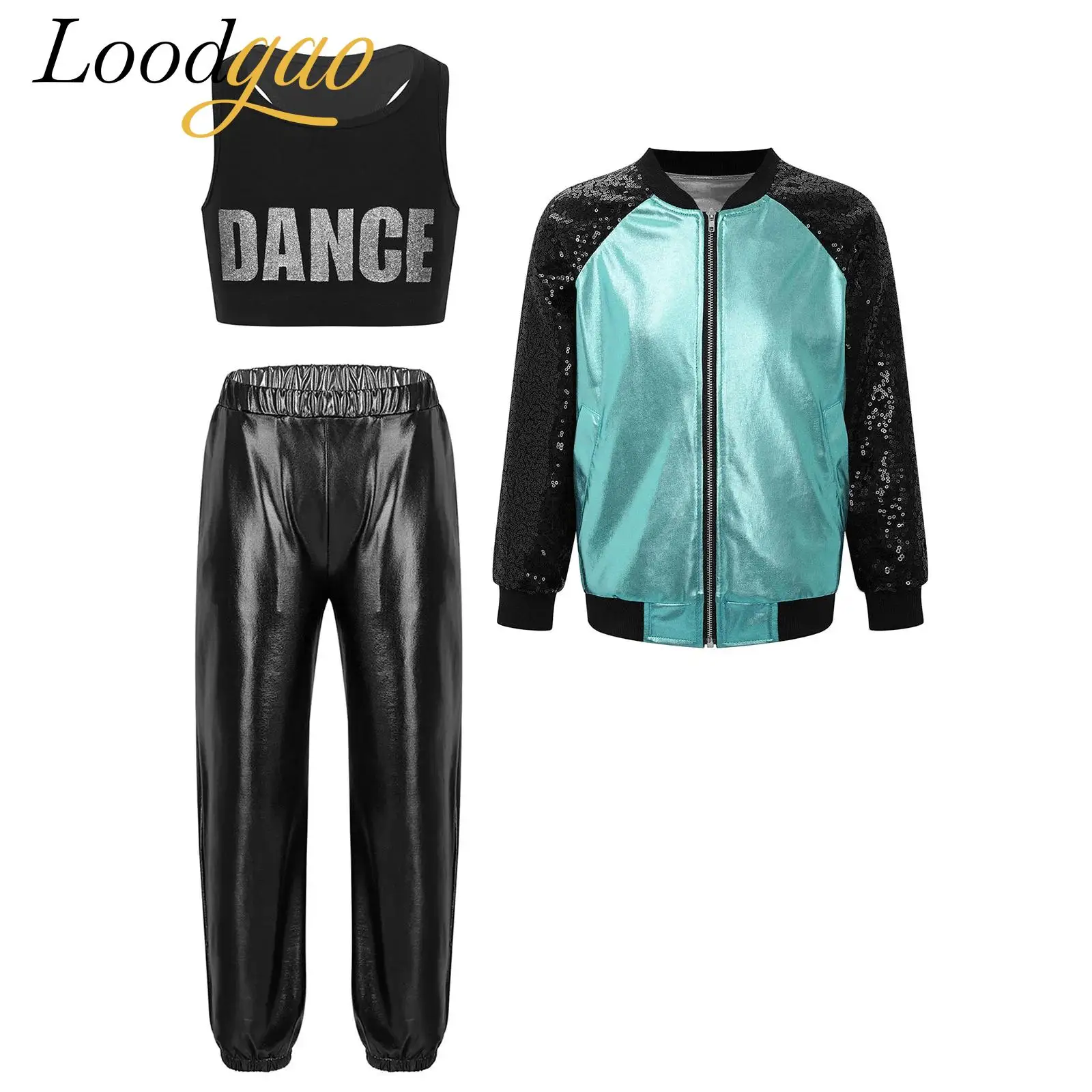 

Kids Hip Hop Outfit Girls Cosplay Performance Jazz Dance Costumes Streetwear Sequins Metallic Tops with Pants Jacket Suits