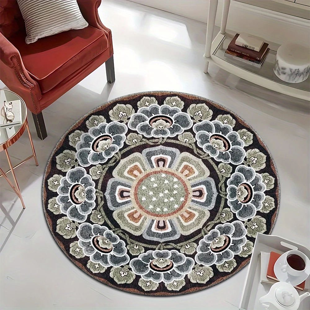 Boho Spiral Flower Round Mat Colorful Mixed Botanical Blossom Circular Decor Rug for Entryway Indoor Living Space Home Decor