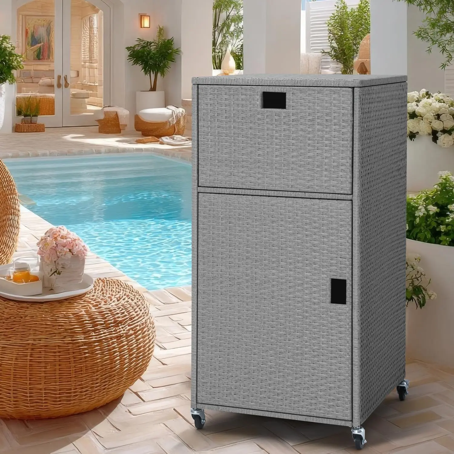Outdoor Pool Towel Storage Cabinet Outdoor Towel Rack For Pool With Shelf & Drawer Pool Towel Holder With Rolling Wheels Hot Tub