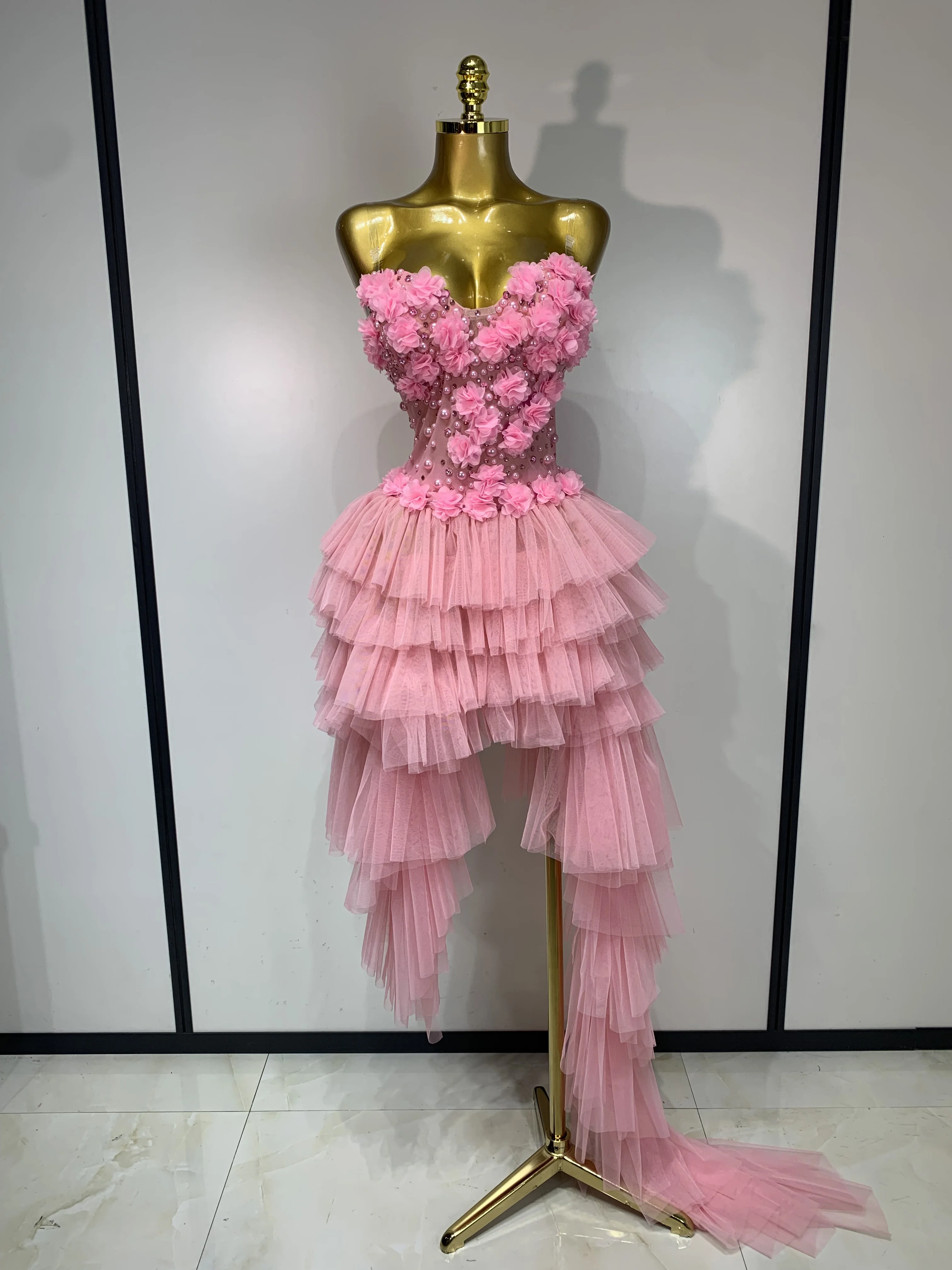 Women Luxury Pink Birthday Dress Strapless Flowers Pearl Mesh Asymmetric Bodysuit Evening Party Birthday Photoshoot Stage Outfit