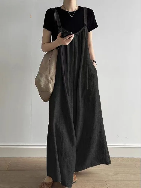 Casual Cotton Linen Wide Leg Pants Women's High Waist Loose Fit Drapey  Color Shoulder Strap Commute Style Korean Version