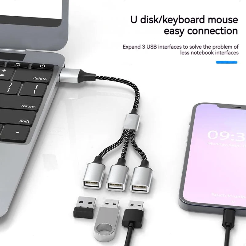 كابل محول USB الفاصل 1 في 3 خارج 4 منافذ OTG محول نوع C تمديد بيانات الطاقة لأجهزة الكمبيوتر المحمول لوحة المفاتيح أذرع التحكم في ألعاب الفيديو الماوس