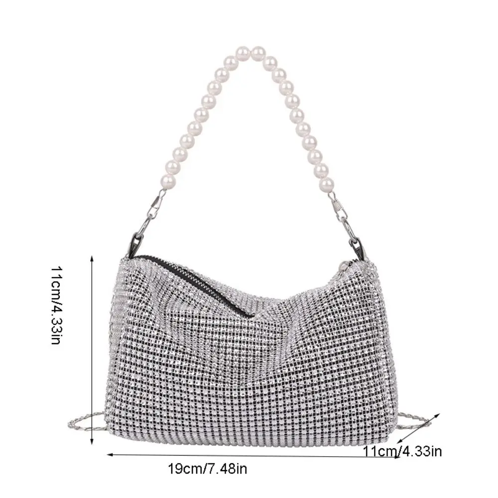 Large Capacity Rhinestone Handbag Pearl Chain Shoulder Pouch Small Square Bag Crossbody Bag Cosmetic Bag Women Shoulder Bag