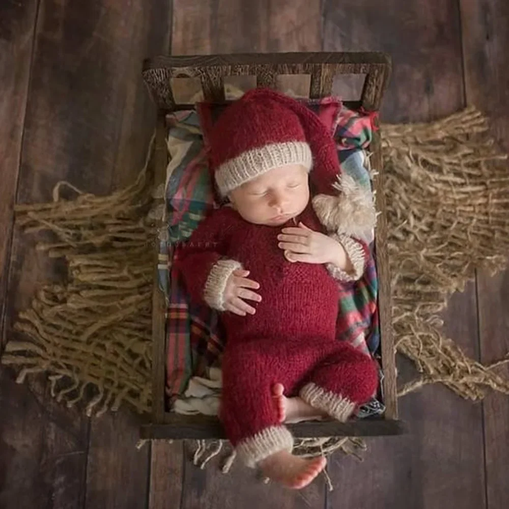 Newborn Photography Fotografie Outfit Props Soft Crochet Mohair Christmas Theme Hat+Jumpsuit Pants Baby Photo Shooting Clothing