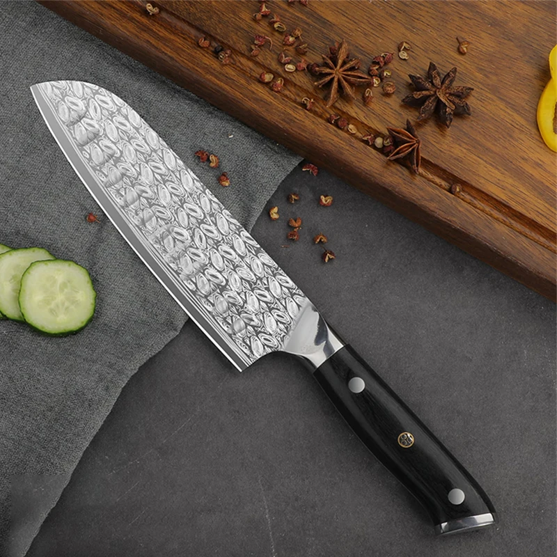 PLYS Raindrop Pattern Santoku Knife Stainless Steel Kitchen Japanese Meat Cutting Knife 7 inch Sharp Utility Knife