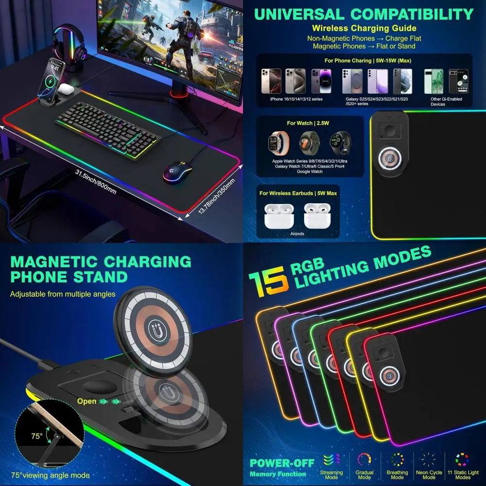 

RGB Gaming Mouse Pad Wireless Charging Desk Mat with Foldable Phone Stand, Large LED Gaming Mat 800x350x4mm, 15 Light Modes, Wat