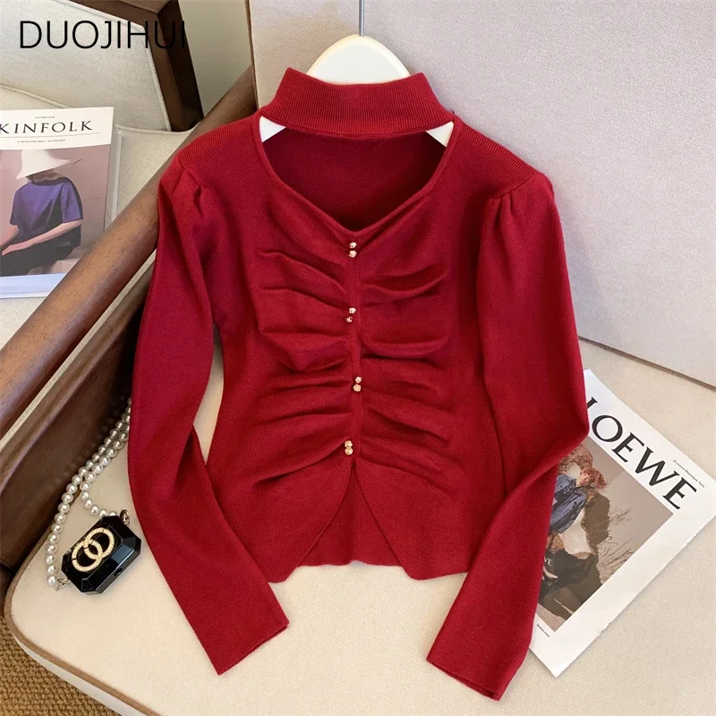 

DUOJIHUI New Autumn Chicly Neck Knitted Female Pullovers Classic Hollow Out Irregular Fashion Solid Color Casual Women Pullovers