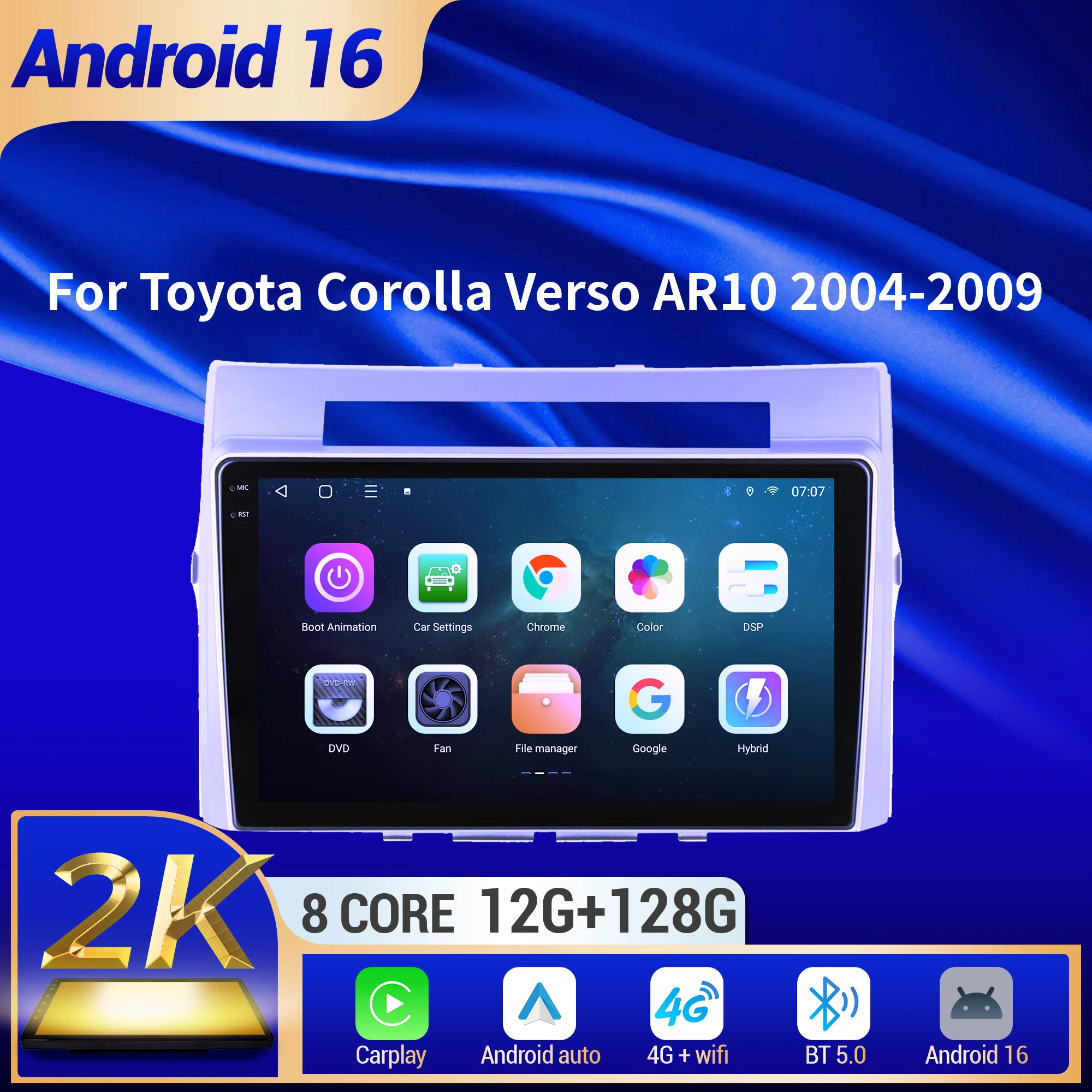 

9-дюймовый автомобильный радиоприемник для Toyota Corolla Verso AR10 2004-2009 BT Carplay Android 16, мультимедийная навигация, головное устройство, экран 2K QLED