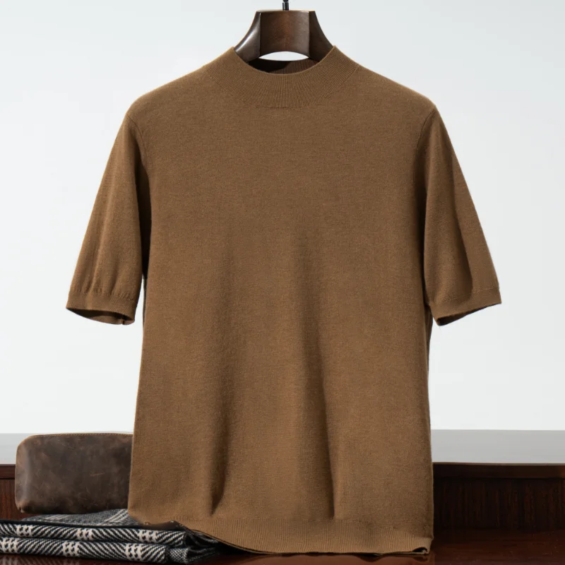 Novedad de verano, jersey de manga corta con cuello medio alto para hombre, chaleco informal de punto, camisa Base fina, camiseta de lana hilada de 100%, ropa para hombre