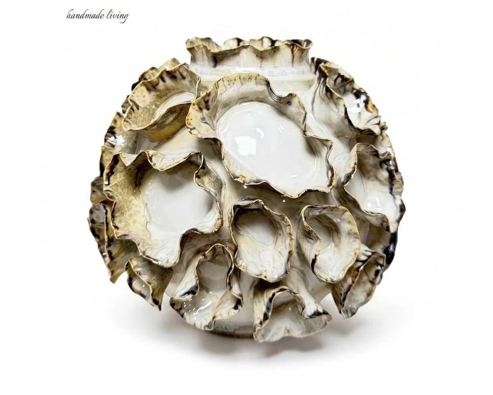 Hand-pinched petal ceramic vase, beige brown yellow glaze, modern art, homestay soft decoration