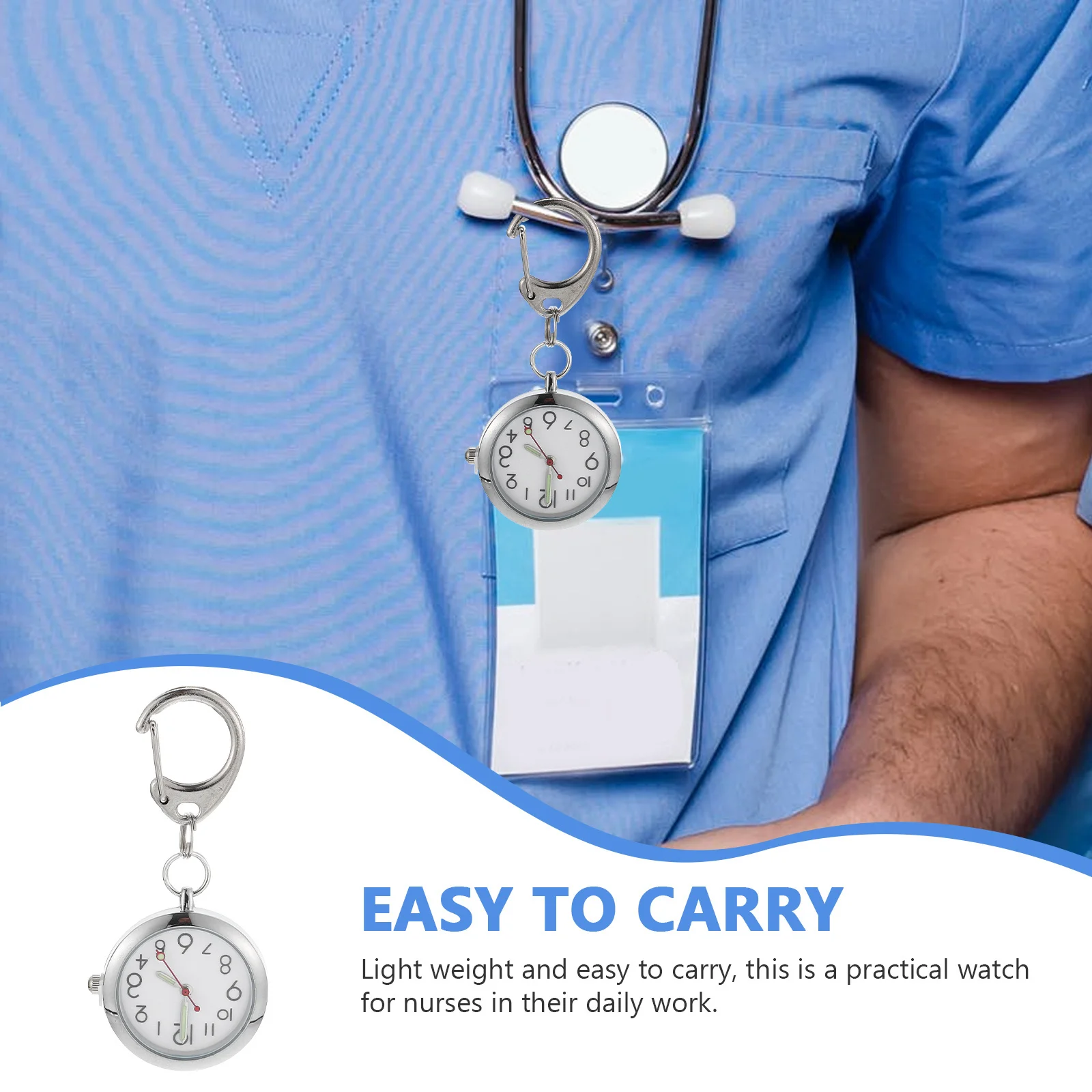 Jam Saku Night Glow dengan Jarum Bercahaya, Bahan Stainless Steel, Desain Gesper Klip untuk Perawat, Dokter, dan Wanita, Dekoratif untuk Dada