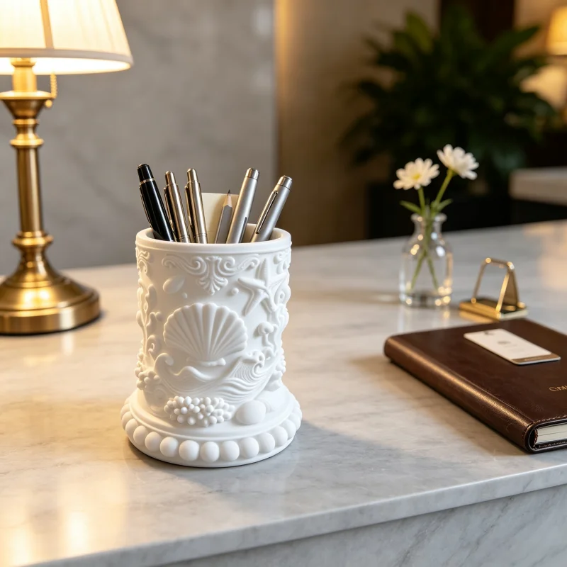 New Matte White Ocean-Themed Embossed Desktop Storage Pen Holder with 3D Shell, Starfish, and Coral Carving Craftsmanship, Beaded Edge Base, Light Luxury Classic Nautical Style, Combining Practical Storage with Aesthetic Decoration, for Storing Pencils, Scissors, Office Stationery, and Beauty Makeup Brushes, Suitable for Multiple Settings Such as Home, Office, Study, Dressing Table, Creating a Tidy and Organized Workspace, a Trendy Office Accessory and Gift for Business Professionals and Teachers, Perfect for Housewarming