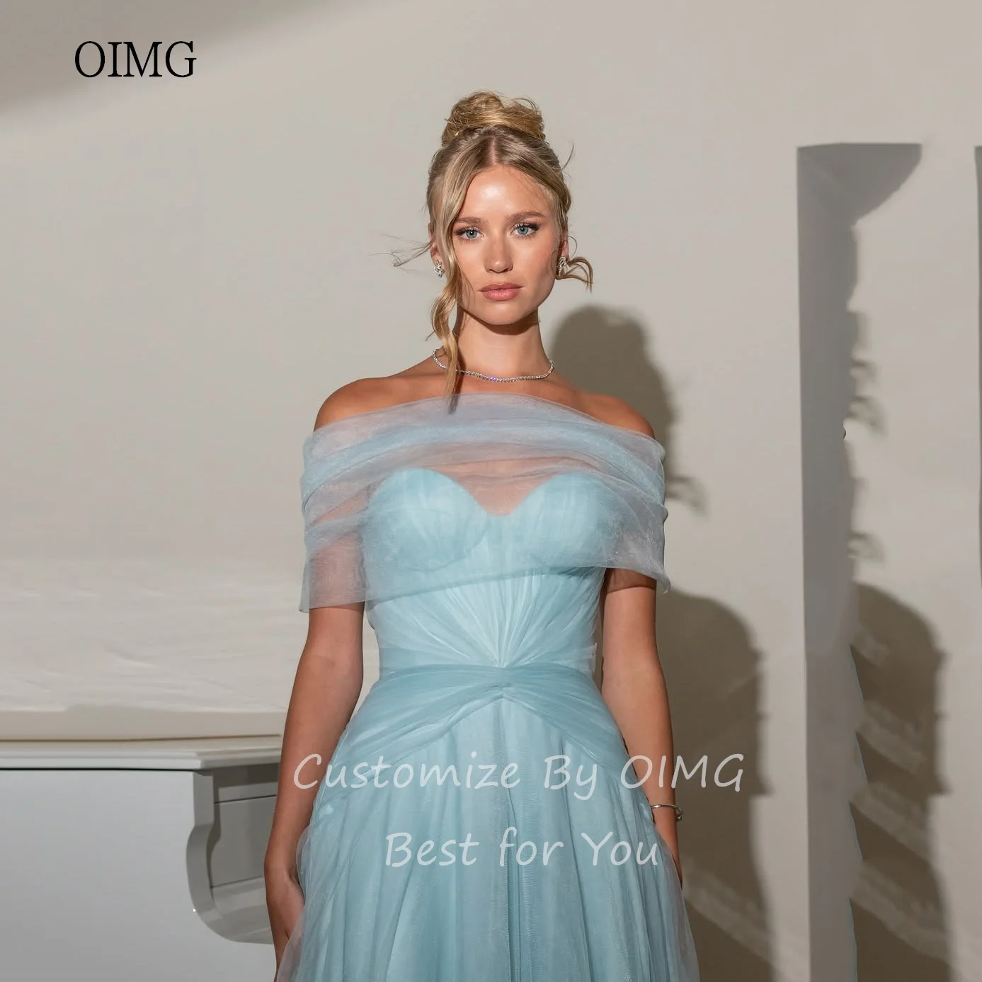 

OIMG Pastrol Sky Blue Off The Shoulder A Line Prom Gowns Sweetheart Neck Party Gown Floor Length Evening Dress Customized