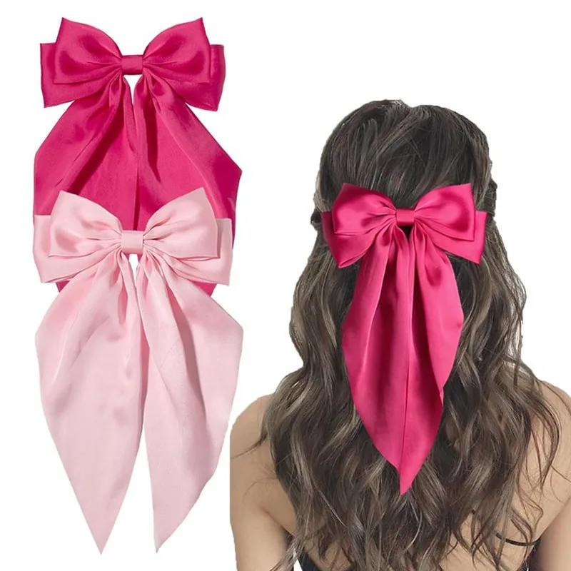 2Pcs/Set Elegant Bow Ribbon Hair Clip Women Spring Clips Hair Accessories for Women Girls Satin Ribbon Big Bows Hairpin