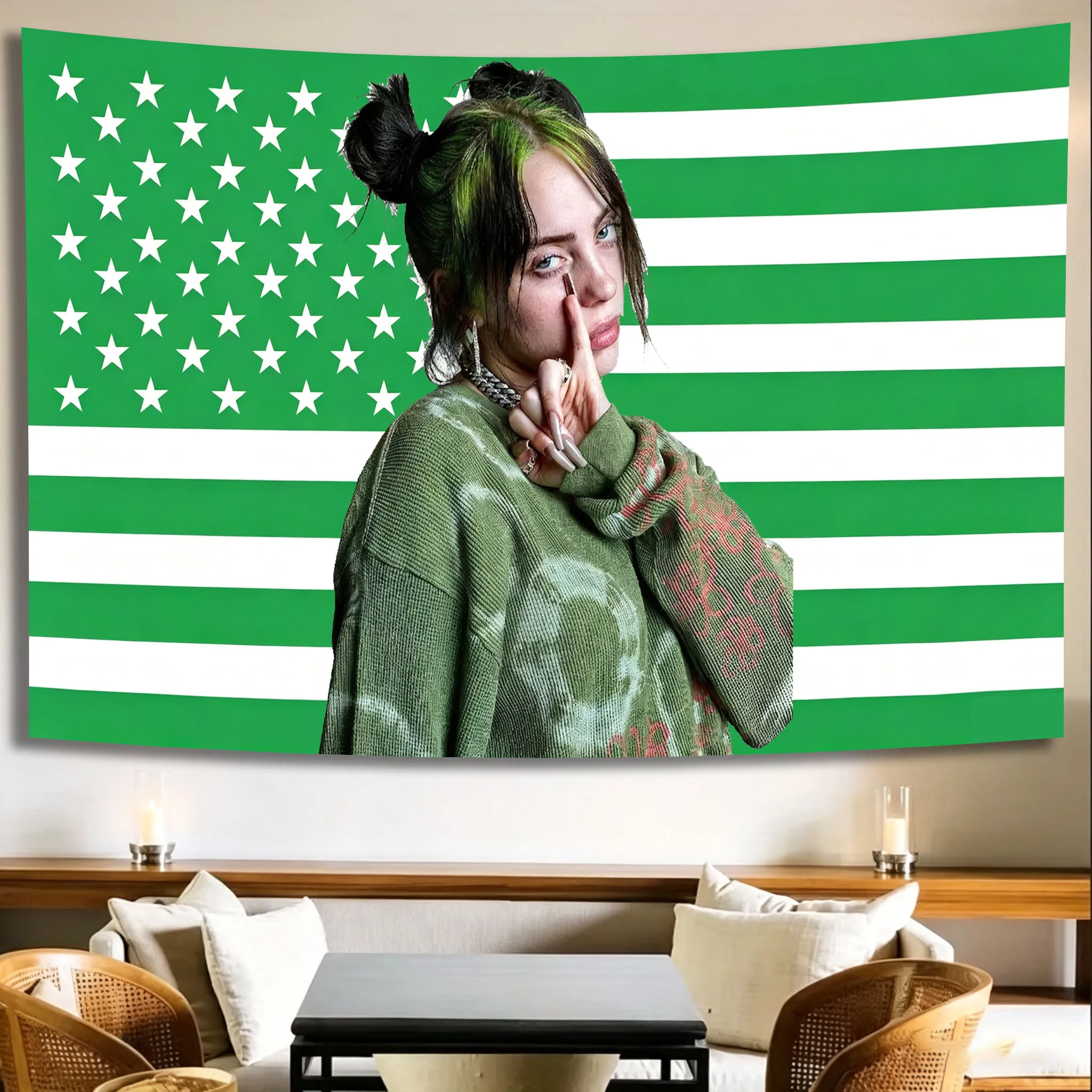 1pc Billiee E-Eilish Tapestry Green Flag Flat Print Portrait Wall Decor for Bedroom Living Room Dorm Aesthetic Hanging Fans Gift