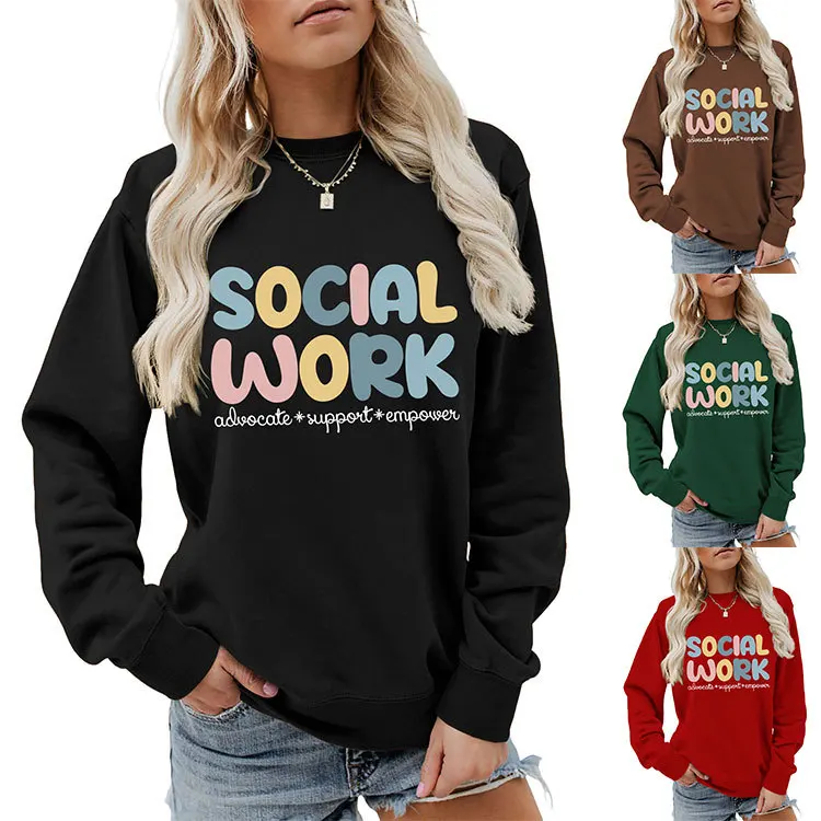 Autumn new casual crewneck hoodie social work advocate support print loose fashion long-sleeved top with ladies pullover