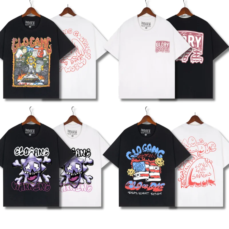 2026ss Flame Car Flag Ice Cartoon Print Glo Gang Short Sleeve T Shirt High Street Men Women Cotton with Tag Streetwear Tee Tops